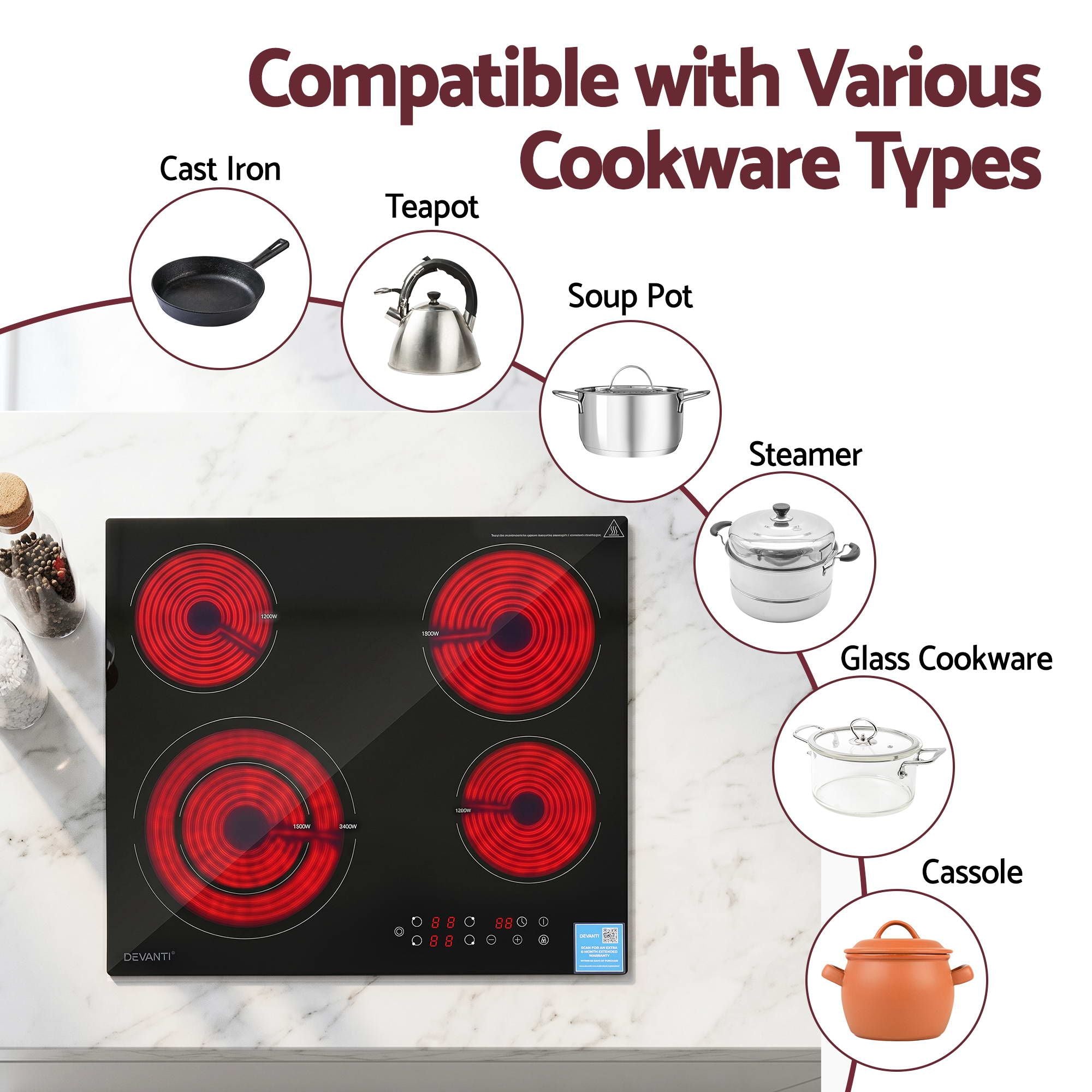 Devanti Ceramic Cooktop 5 Cooking Zone 4 Electric Hobs Touch Control 7600W Black CCT-B-4B-5Z-TOUCH-BK