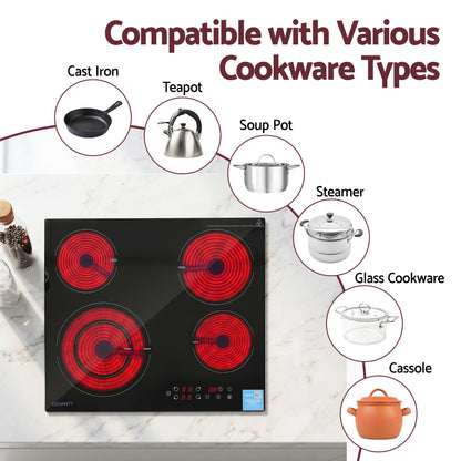 Devanti Ceramic Cooktop 5 Cooking Zone 4 Electric Hobs Touch Control 7600W Black CCT-B-4B-5Z-TOUCH-BK