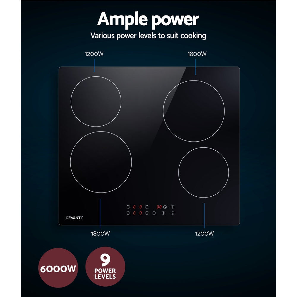Devanti Electric Ceramic Cooktop 60cm Touch Control CCT-B-4E-4Z-TOUCH-BK