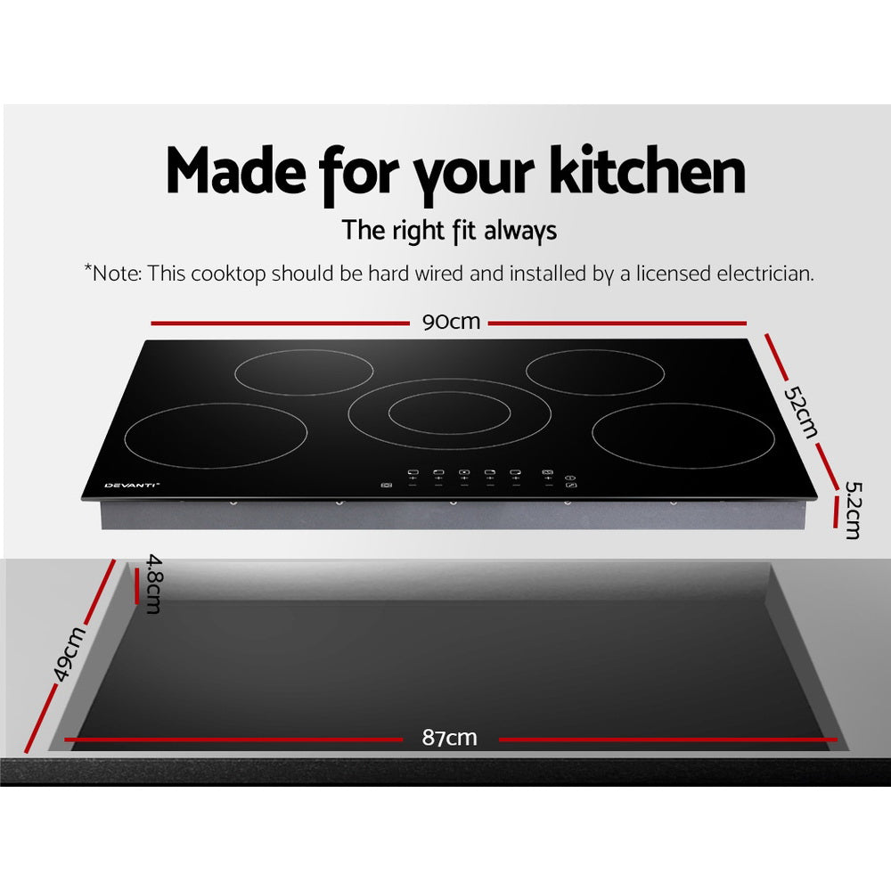 Devanti Electric Ceramic Cooktop 90cm CCT-B-5B-6Z-TOUCH-BK