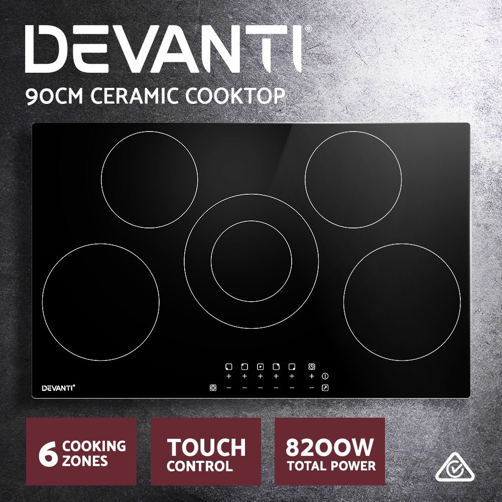 Devanti Electric Ceramic Cooktop 90cm CCT-B-5B-6Z-TOUCH-BK