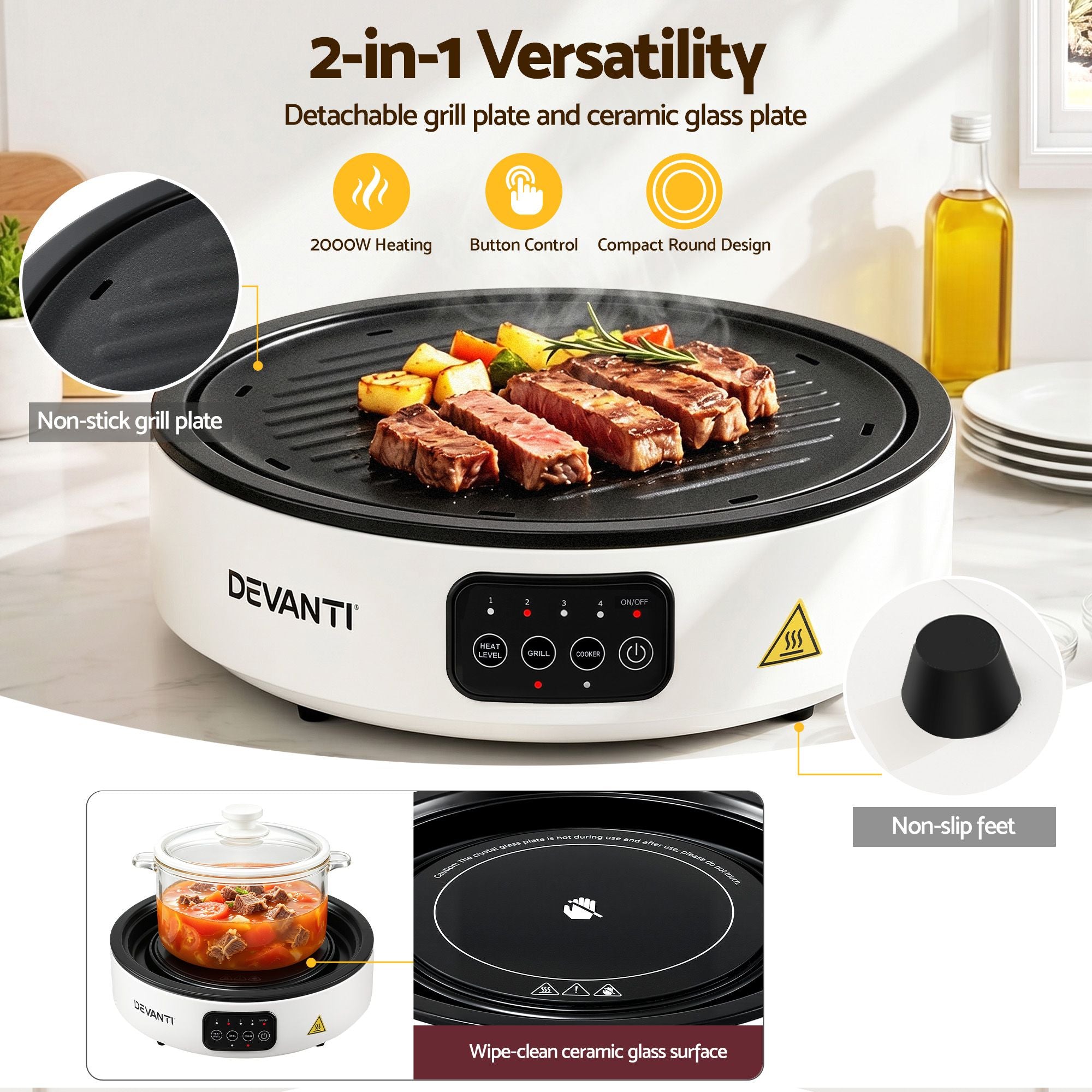 Devanti Ceramic Cooktop Electric Hot Plate Countertop Grill Cooker White