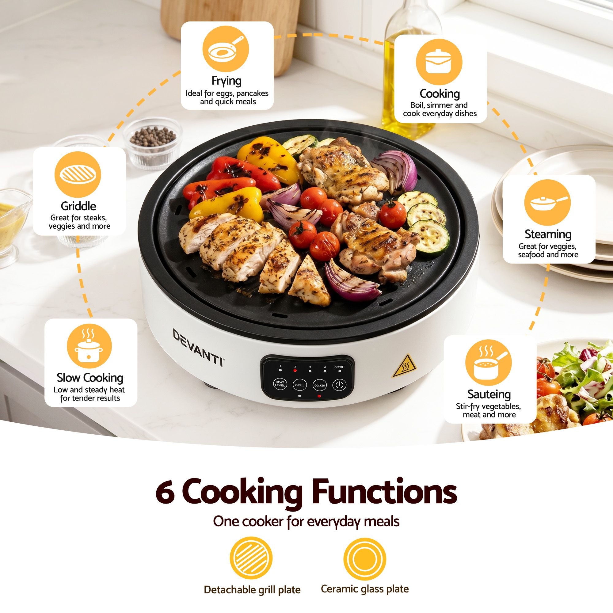 Devanti Ceramic Cooktop Electric Hot Plate Countertop Grill Cooker White
