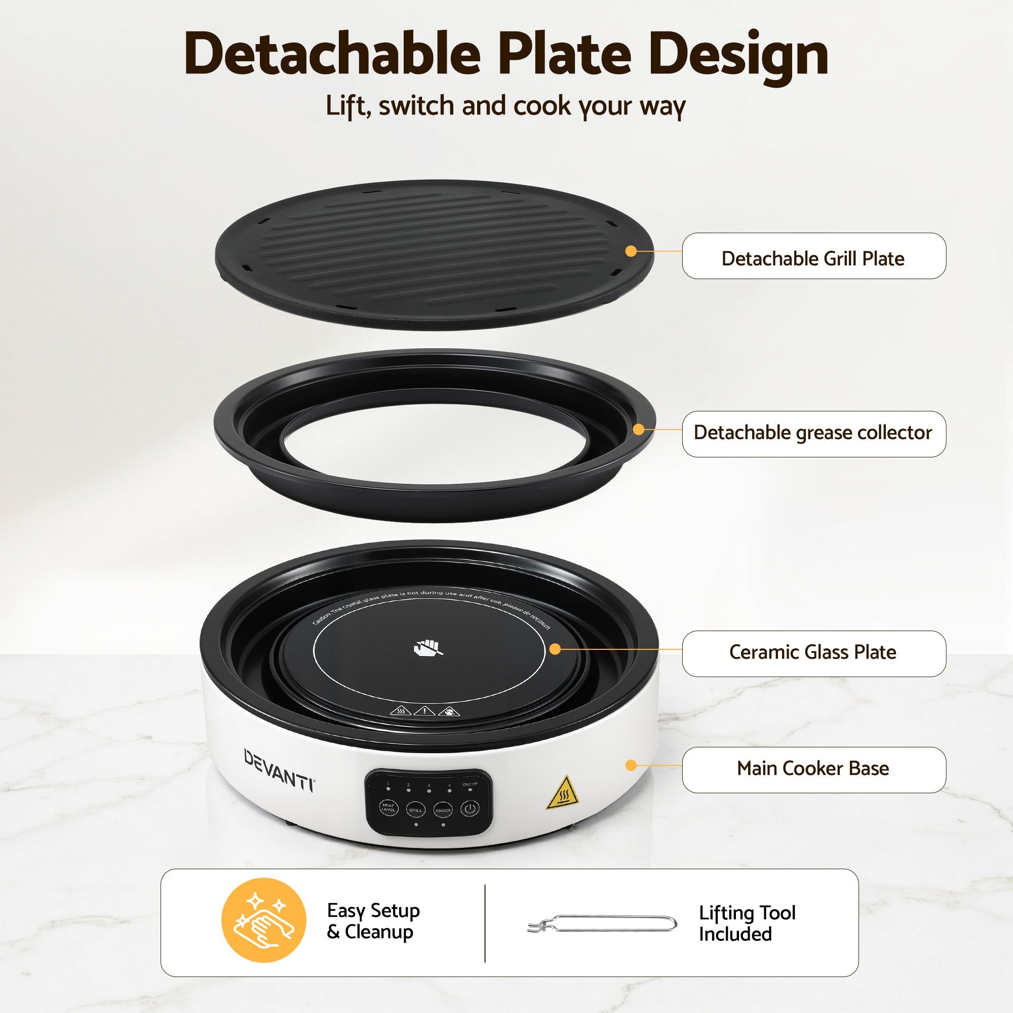 Devanti Ceramic Cooktop Electric Hot Plate Countertop Grill Cooker White