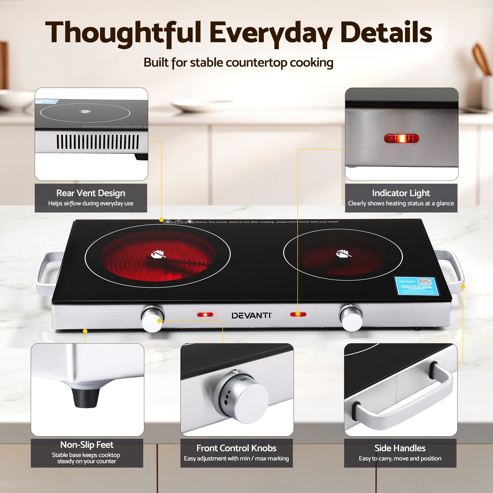 Devanti Portable Ceramic Cooktop Dual Burner Electric Hot Plate 2800W Black