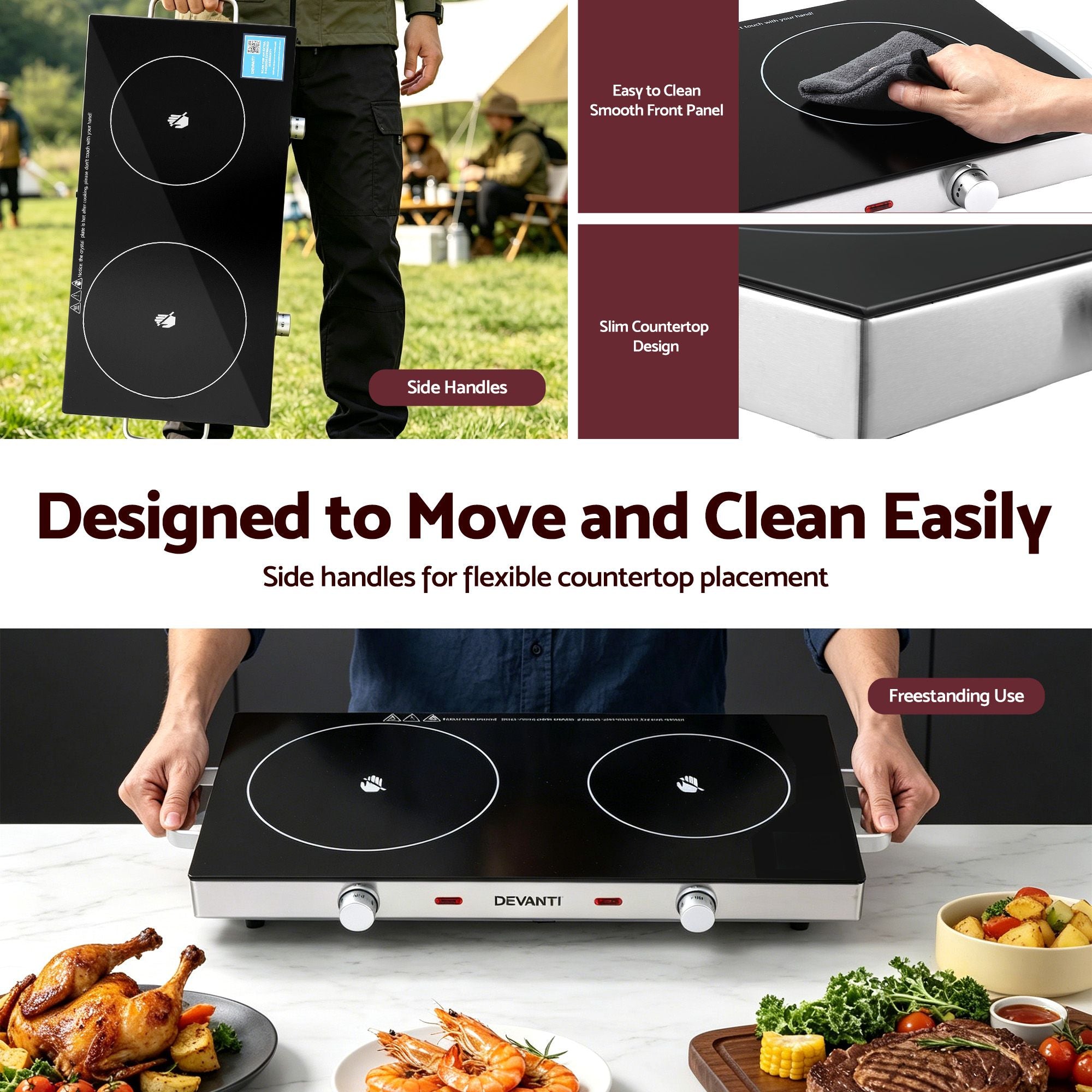 Devanti Portable Ceramic Cooktop Dual Burner Electric Hot Plate 2800W Black