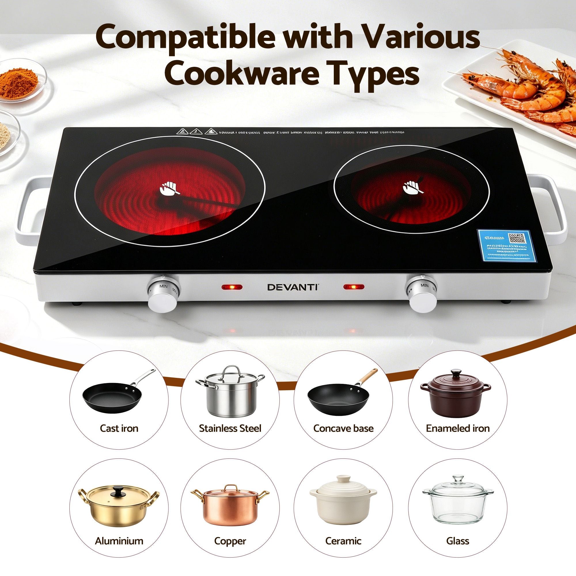 Devanti Portable Ceramic Cooktop Dual Burner Electric Hot Plate 2800W Black