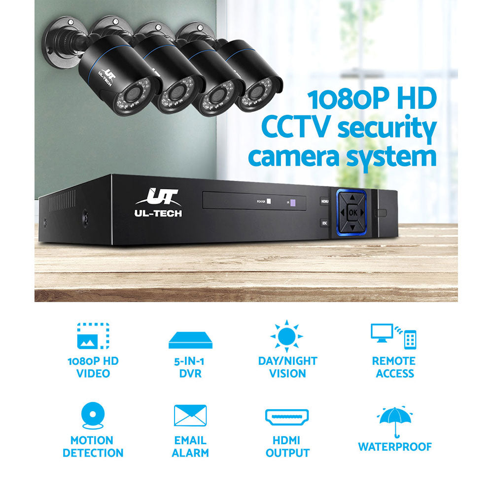 UL-TECH 1080P Security Camera System 4CH DVR with 4 CCTV Bullet Cameras CCTV-4C-4B-BK