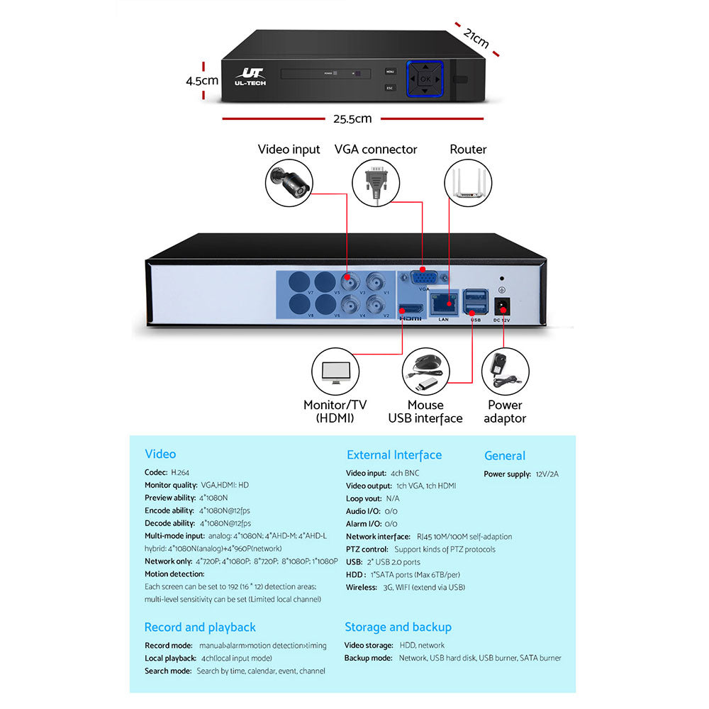 UL-TECH 1080P Security Camera System 4CH DVR with 4 CCTV Bullet Cameras CCTV-4C-4B-BK