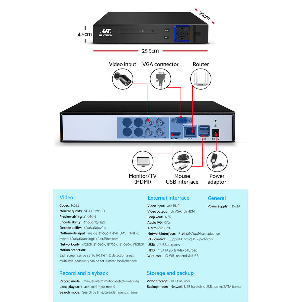 UL-tech CCTV Security System 4CH DVR 4 Cameras 1TB Hard Drive CCTV-4C-4B-BK-T