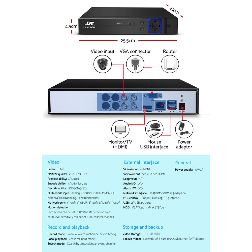 UL-TECH 1080P Security Camera System 4CH DVR with 4 CCTV Dome Cameras CCTV-4C-4D-BK