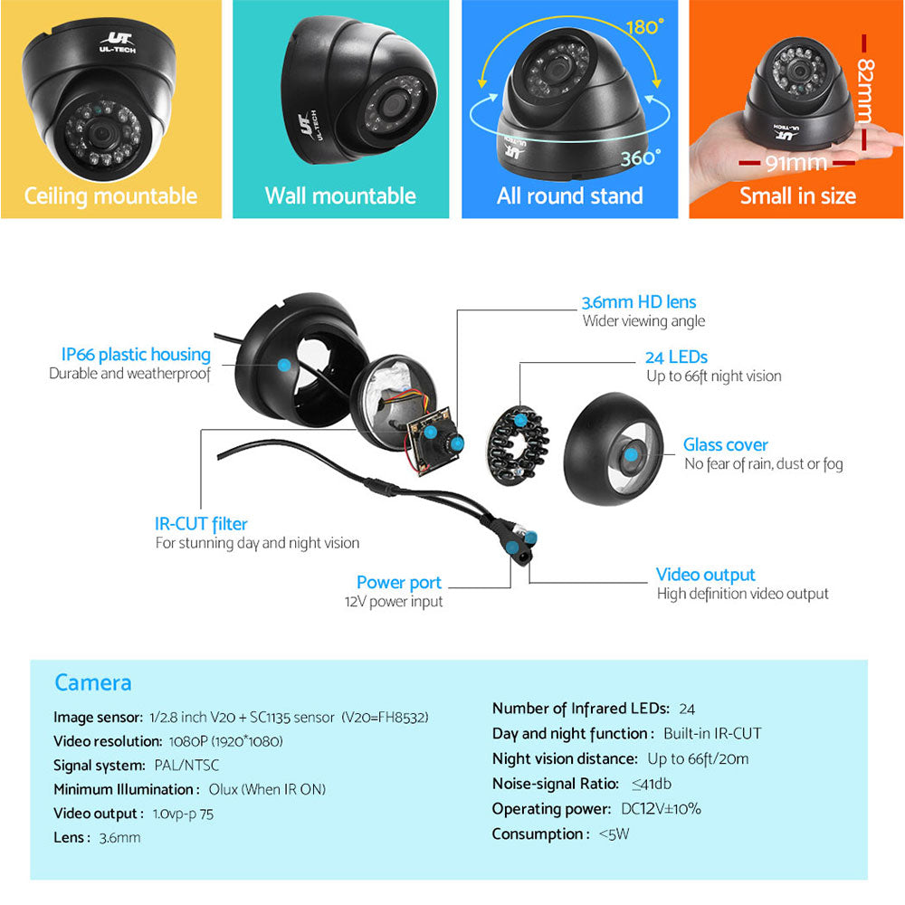 UL-TECH 1080P Security Camera System 4CH DVR with 4 CCTV Dome Cameras CCTV-4C-4D-BK