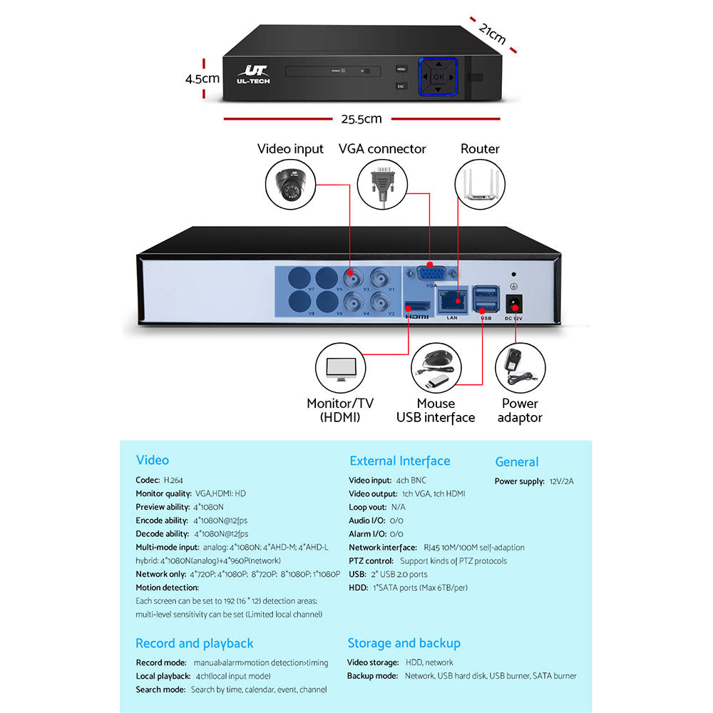 UL-tech CCTV Security System 4CH DVR 4 Cameras 1TB Hard Drive CCTV-4C-4D-BK-T