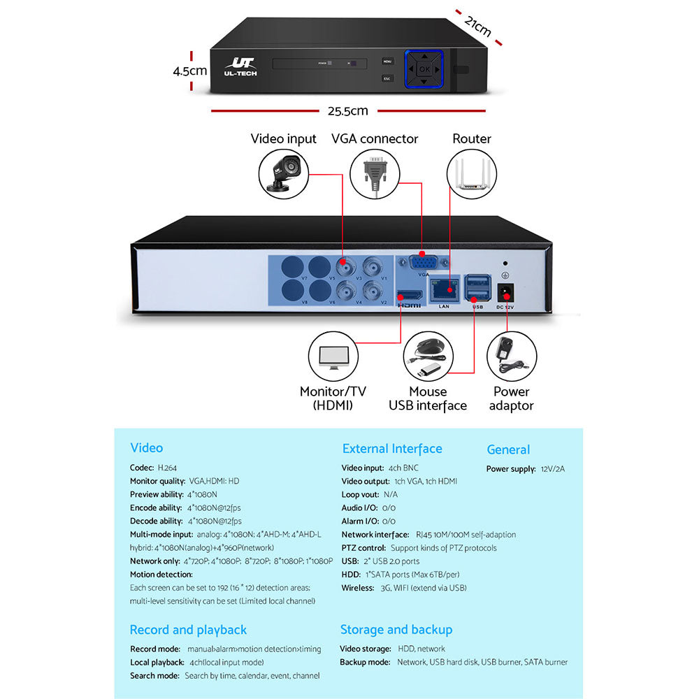 UL-TECH 1080P Security Camera System 4CH DVR with 4 CCTV Square Cameras CCTV-4C-4S-BK