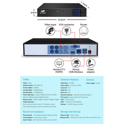 UL-TECH 1080P Security Camera System 4CH DVR with 4 CCTV Square Cameras CCTV-4C-4S-BK