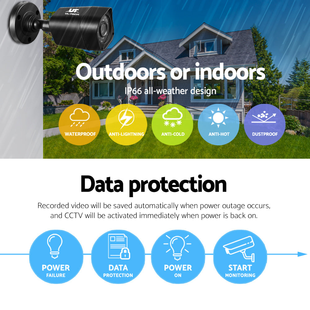 UL-tech CCTV Security System 4CH DVR 4 Cameras 2TB Hard Drive CCTV-4C-4S-BK-2T
