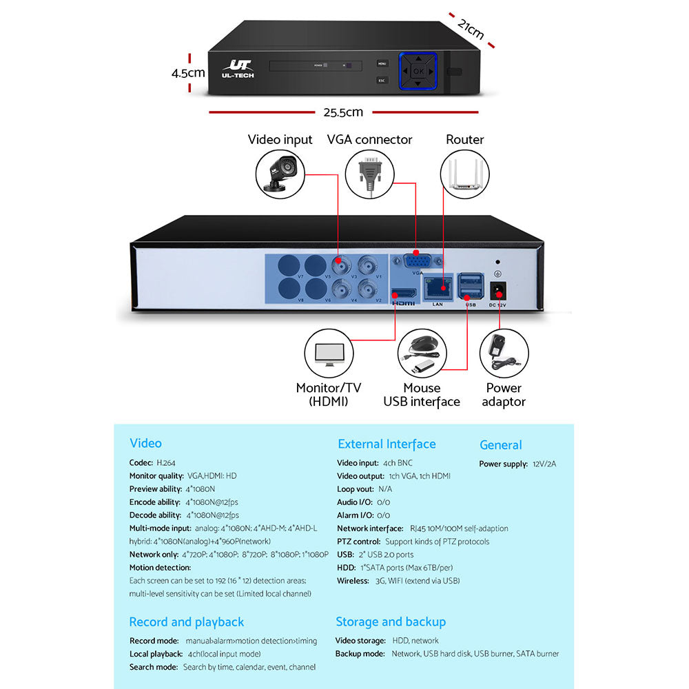 UL-tech CCTV Security System 4CH DVR 4 Cameras 1TB Hard Drive CCTV-4C-4S-BK-T