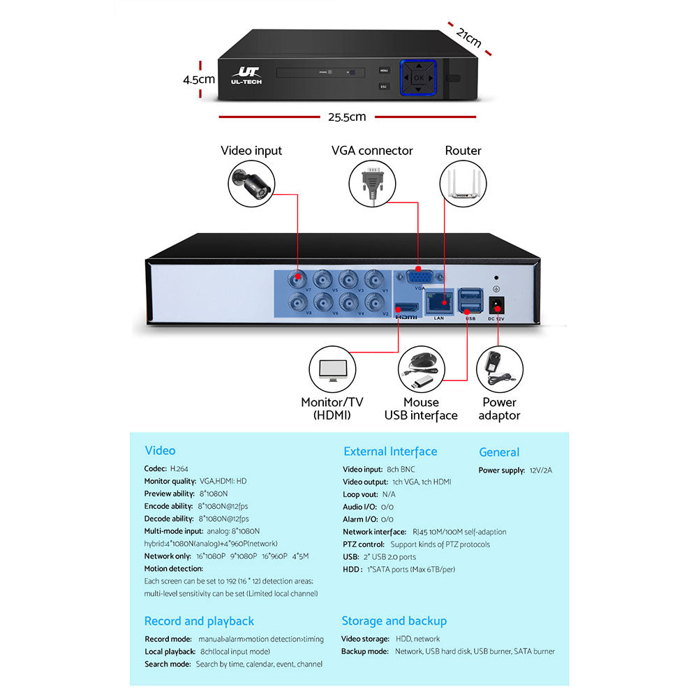 UL-tech CCTV Security System 8CH DVR 4 Cameras 1080p CCTV-8C-4B-BK