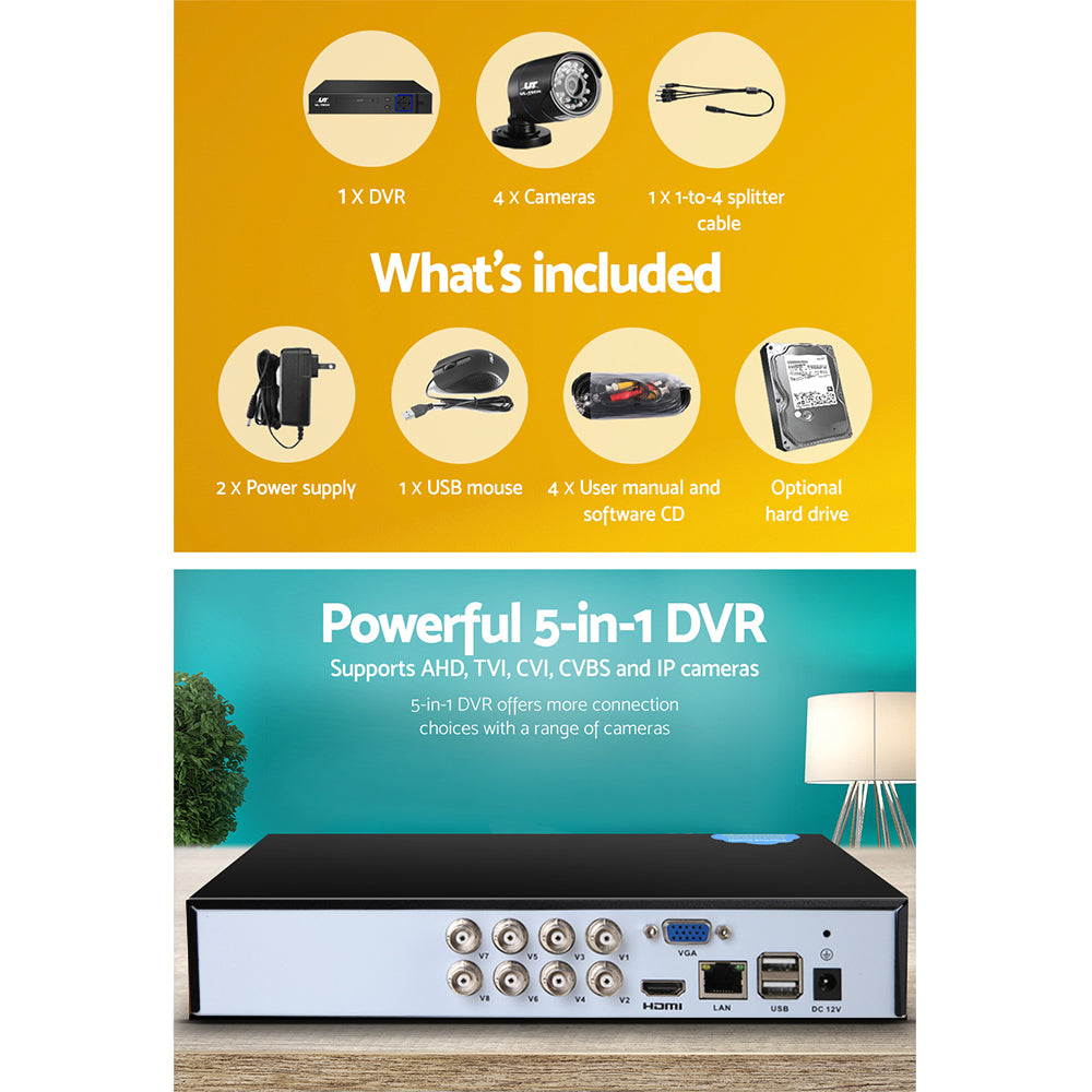 UL-tech CCTV Security System 8CH DVR 4 Cameras 2TB Hard Drive CCTV-8C-4B-BK-2T