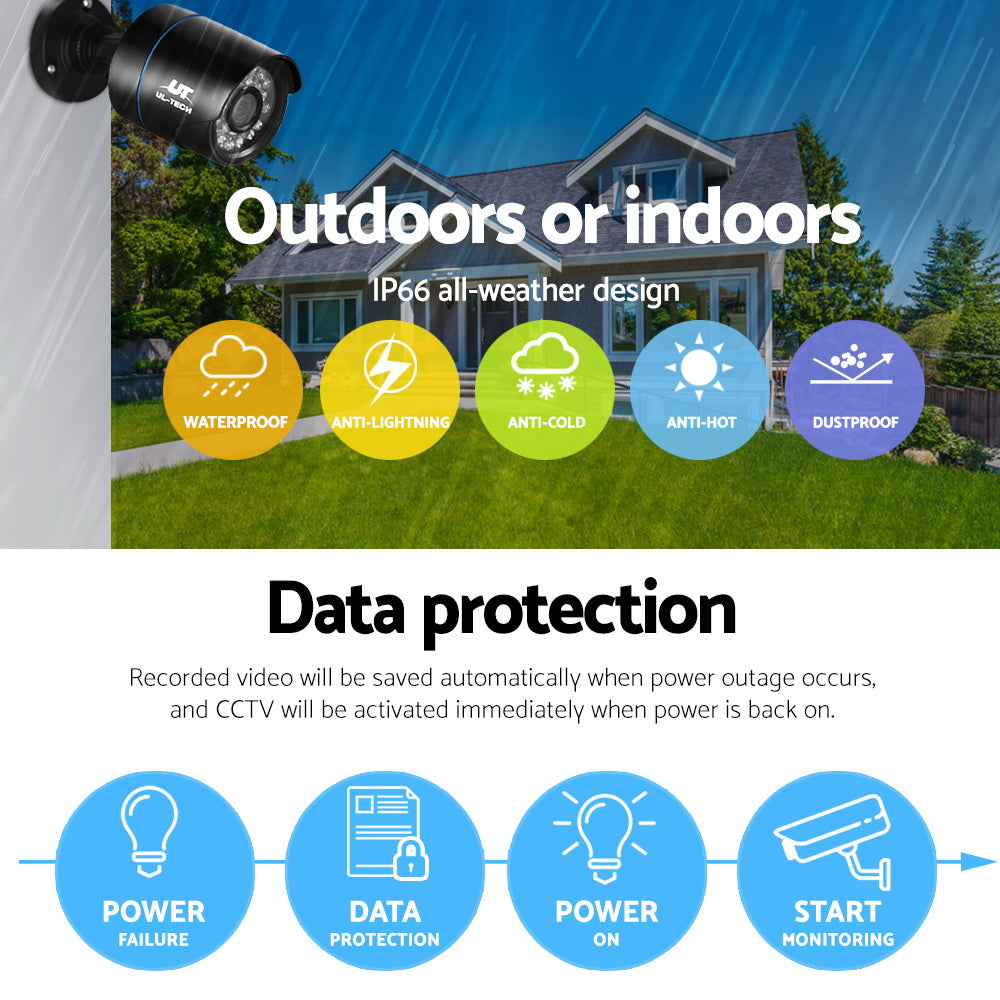 UL-tech CCTV Security System 8CH DVR 4 Cameras 2TB Hard Drive CCTV-8C-4B-BK-2T