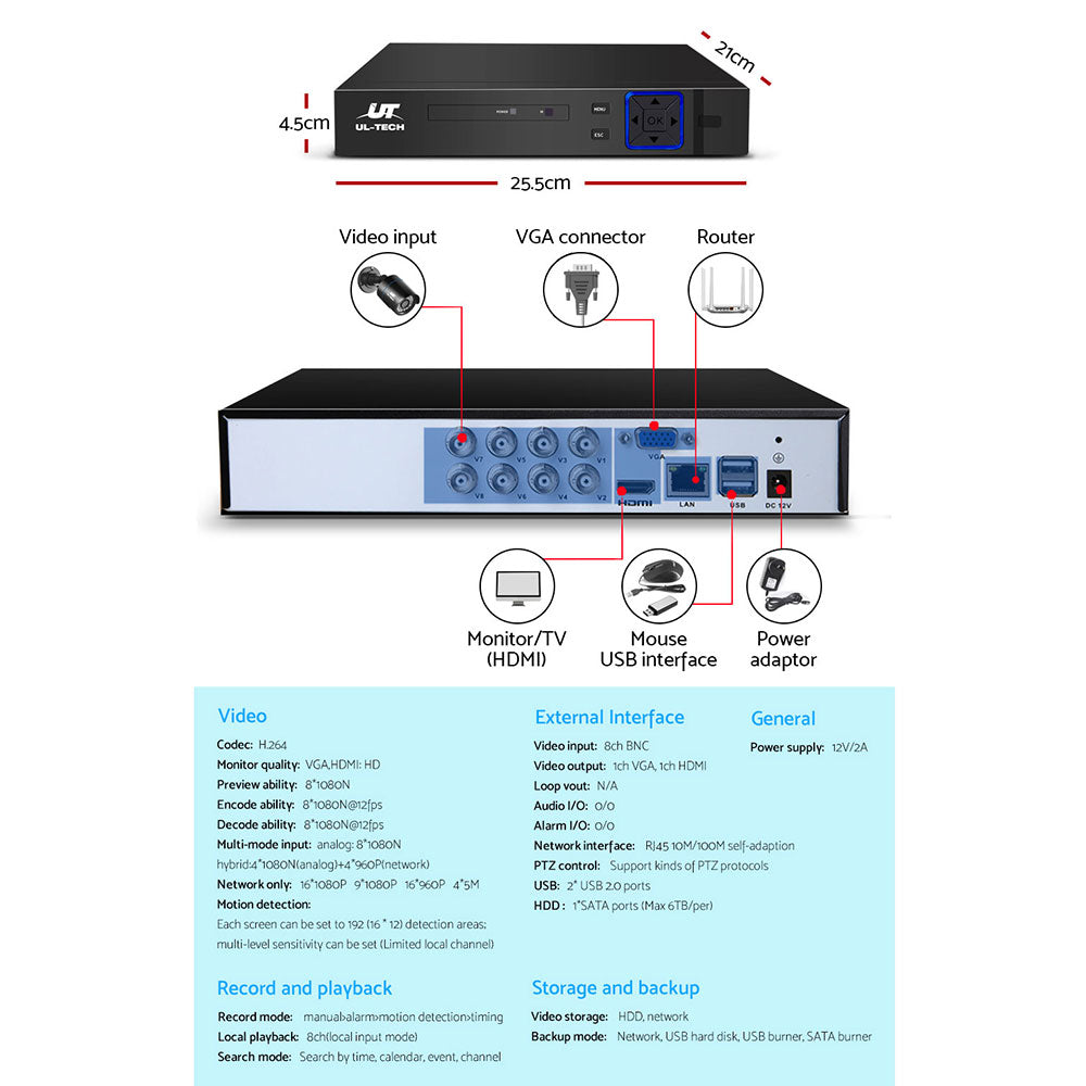 UL-tech CCTV Security System 8CH DVR 4 Cameras 1TB Hard Drive CCTV-8C-4B-BK-T