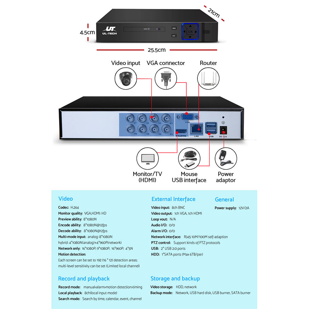 UL-tech CCTV Security System 8CH DVR 4 Cameras 1080p CCTV-8C-4D-BK