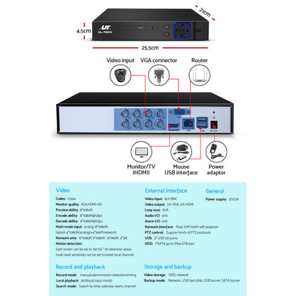 UL-tech CCTV Security System 8CH DVR 4 Cameras 1080p CCTV-8C-4D-BK