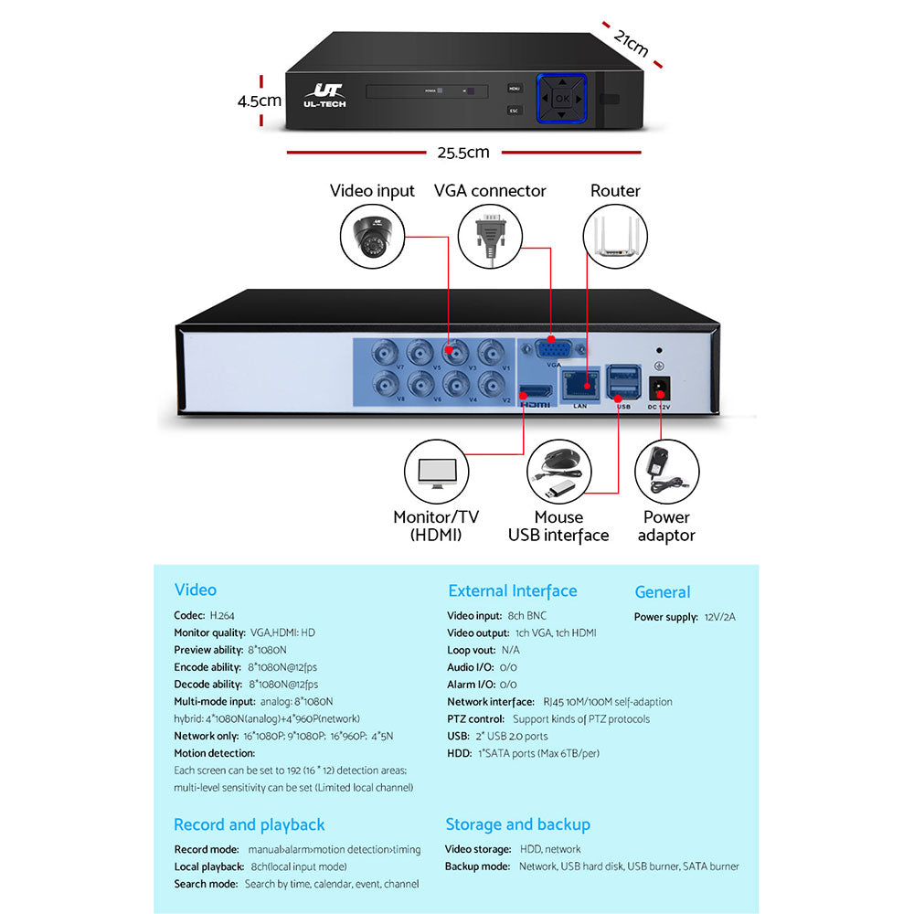 UL-tech CCTV Security System 8CH DVR 4 Cameras 1TB Hard Drive CCTV-8C-4D-BK-T