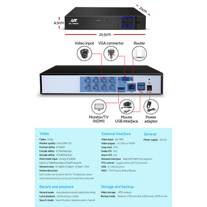 UL-tech CCTV Security System 8CH DVR 4 Cameras 1TB Hard Drive CCTV-8C-4D-BK-T