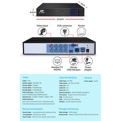UL-tech CCTV Security System 8CH DVR 4 Cameras 1080p CCTV-8C-4S-BK