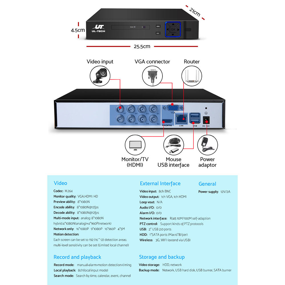 UL-tech CCTV Security System 8CH DVR 4 Cameras 1TB Hard Drive CCTV-8C-4S-BK-T