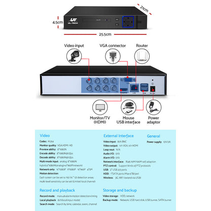 UL-tech CCTV Security System 8CH DVR 4 Cameras 1TB Hard Drive CCTV-8C-4S-BK-T