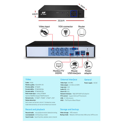 UL-TECH 1080P Security Camera System 8CH DVR with 8 CCTV Bullet Cameras CCTV-8C-8B-BK