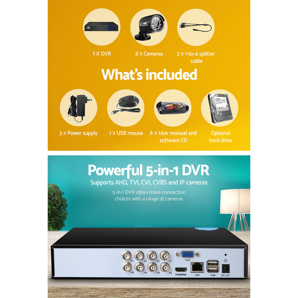 UL-tech CCTV Security System 8CH DVR 8 Cameras 2TB Hard Drive CCTV-8C-8B-BK-2T