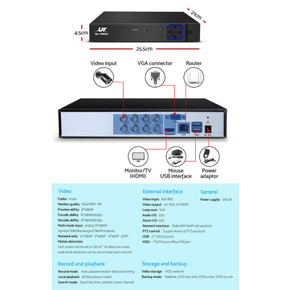 UL-tech CCTV Security System 8CH DVR 8 Cameras 1TB Hard Drive CCTV-8C-8B-BK-T