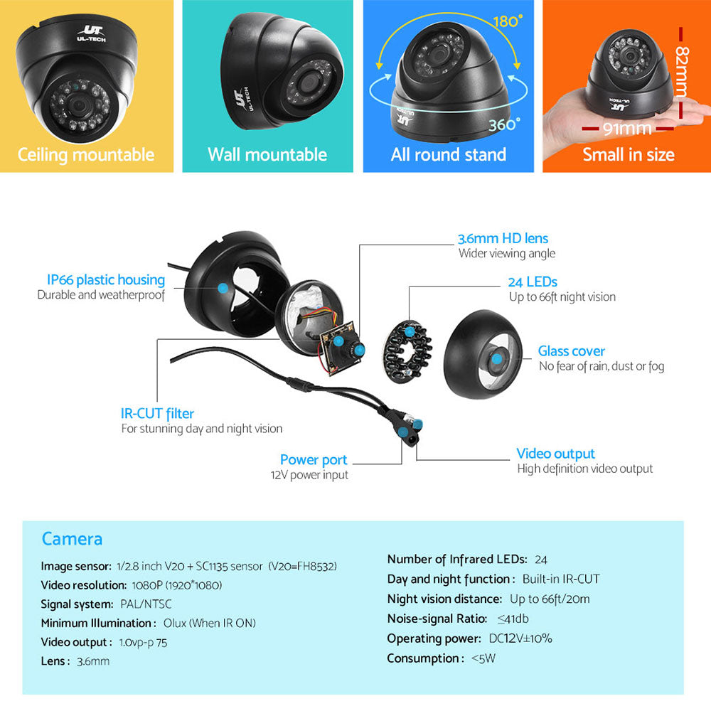 UL-tech CCTV Security System 8CH DVR 8 Cameras 1TB Hard Drive CCTV-8C-8D-BK-T