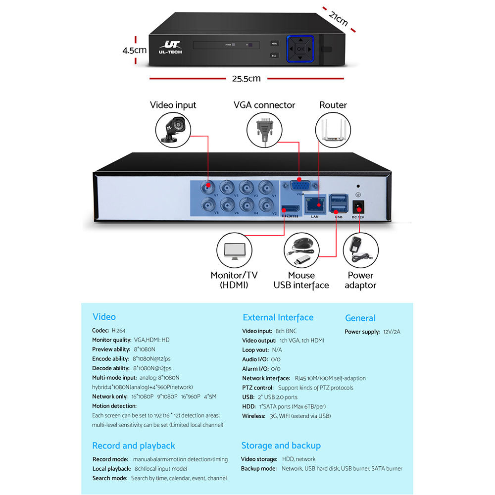 UL-TECH 1080P Security Camera System 8CH DVR with 8 CCTV Square Cameras CCTV-8C-8S-BK