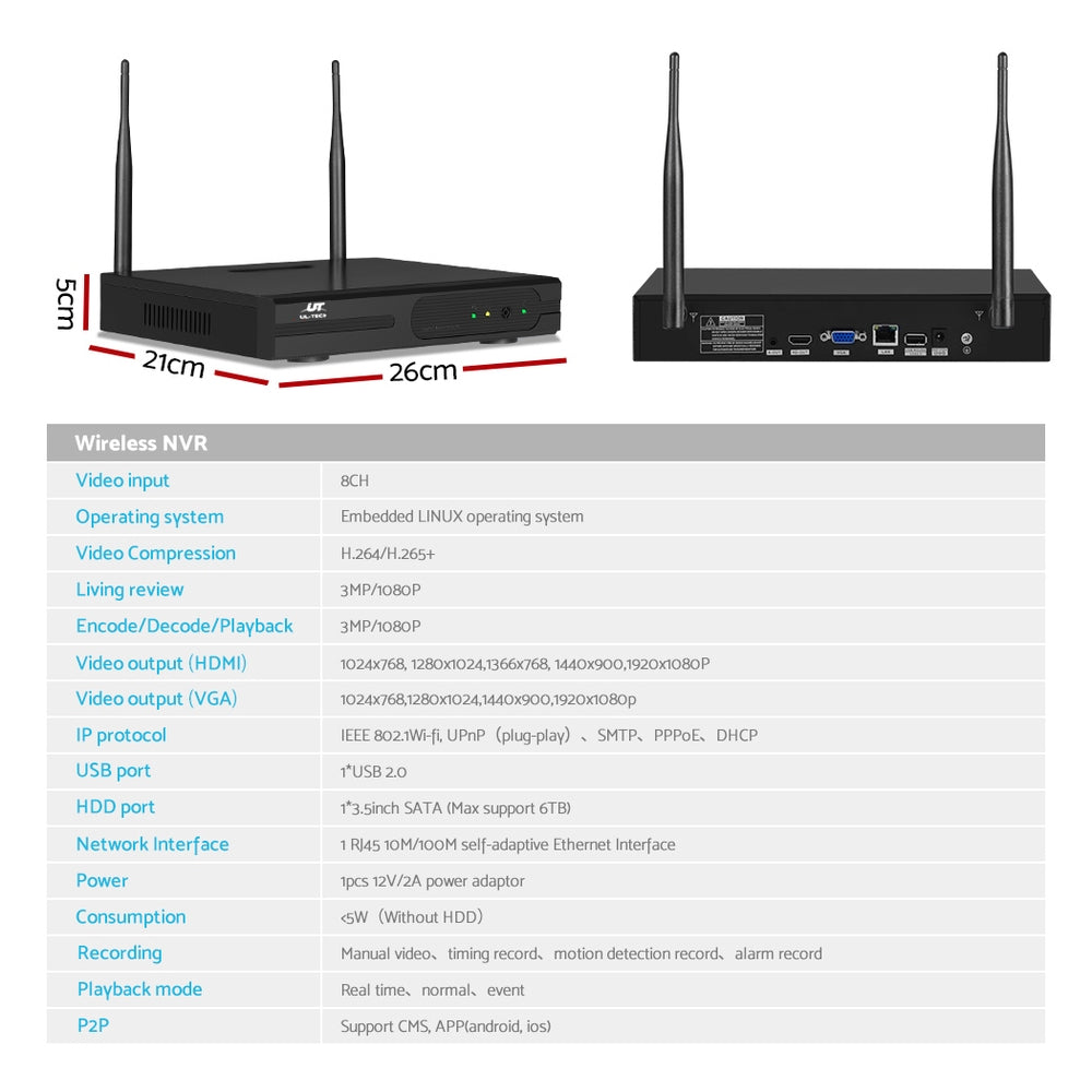 UL-tech Wireless CCTV Security System 8CH NVR 3MP 4 Square Cameras 1TB CCTV-WF-CLA-8C-4P-T