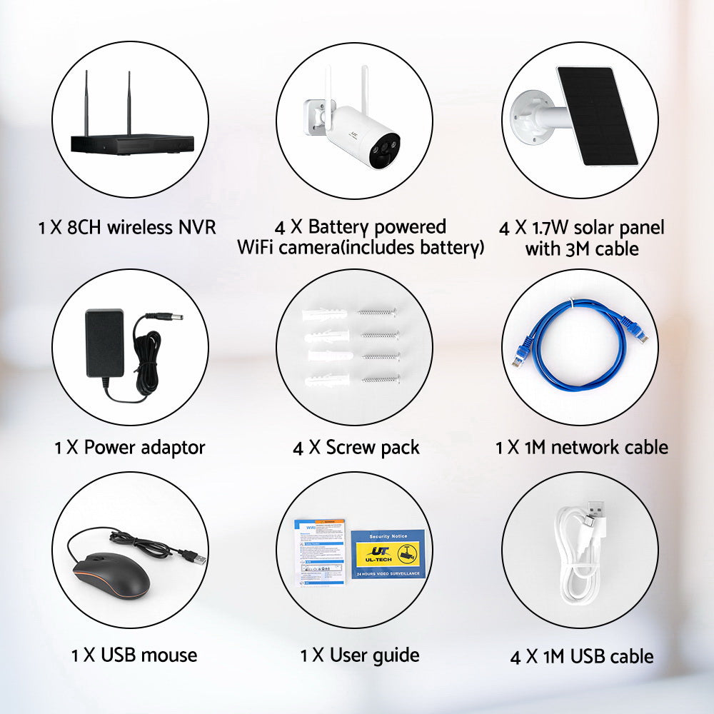 UL-tech Wireless Solar CCTV Security Cameras 4MP 8CH NVR CCTV-WF-SOLAR-8C-4B