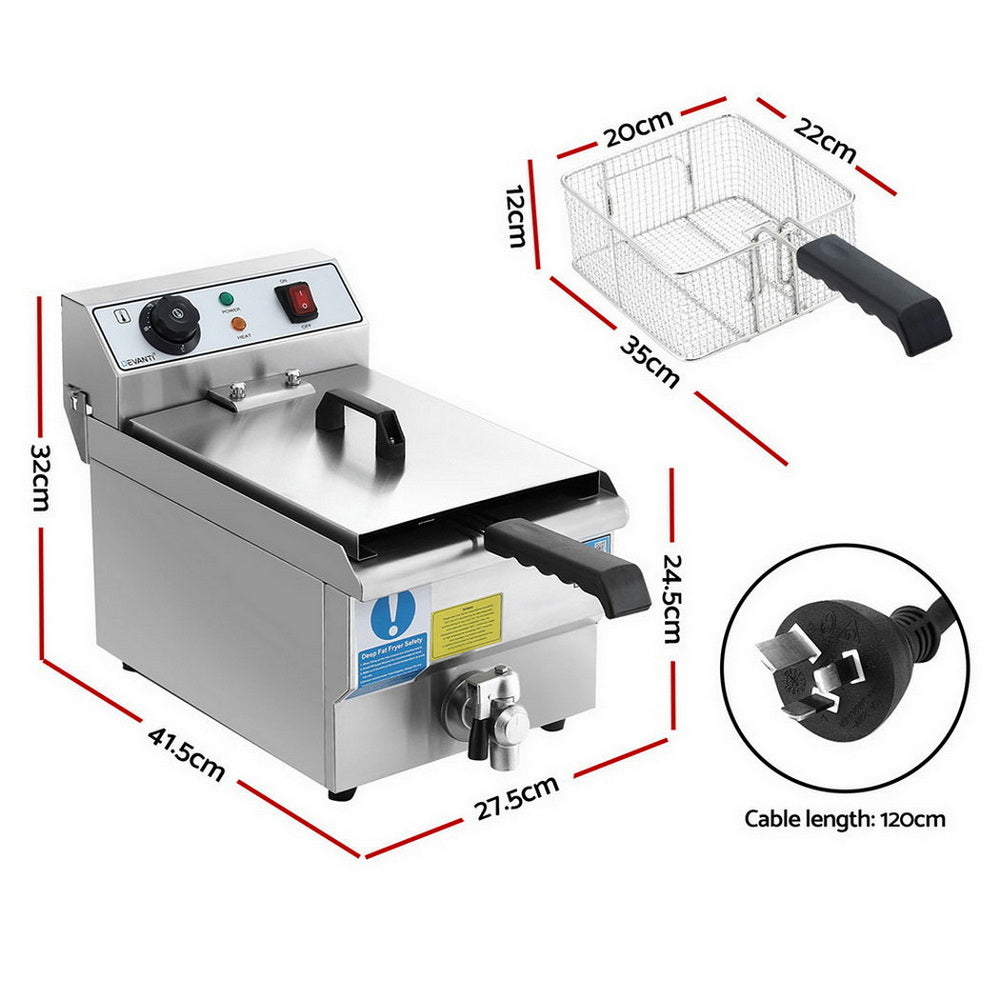 Devanti 3000W Electric Deep Fryer 10L Stainless Steel Fryer w/ Basket & Lid CDF-DR10-SINGLE-SI