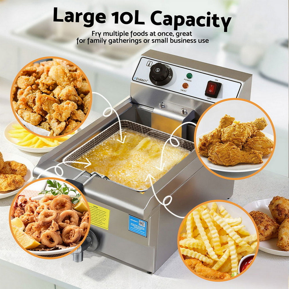 Devanti 3000W Electric Deep Fryer 10L Stainless Steel Fryer w/ Basket & Lid CDF-DR10-SINGLE-SI