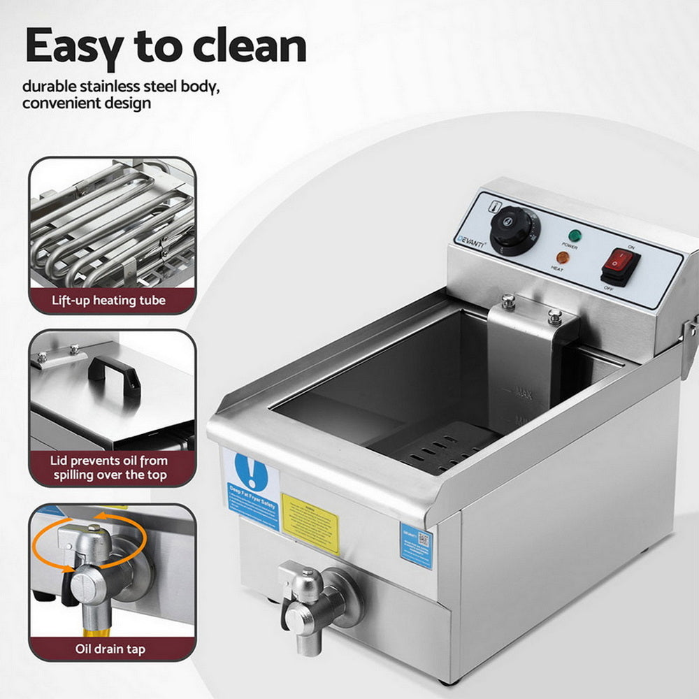 Devanti 3000W Electric Deep Fryer 10L Stainless Steel Fryer w/ Basket & Lid CDF-DR10-SINGLE-SI