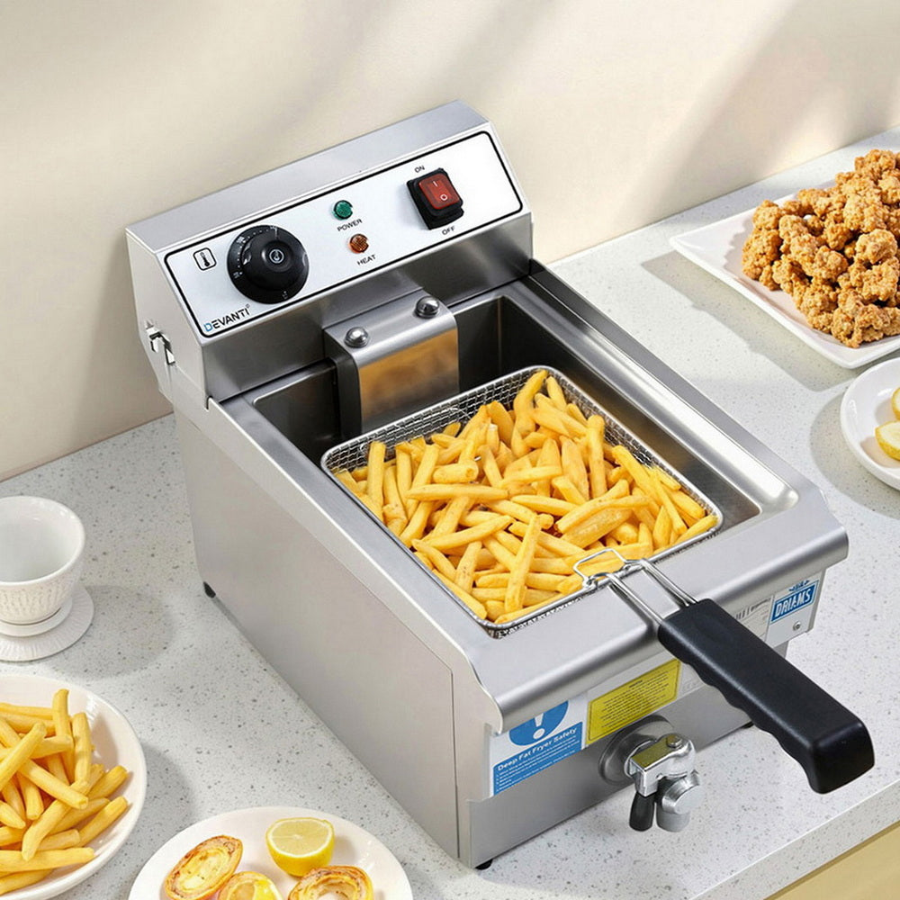 Devanti 3000W Electric Deep Fryer 10L Stainless Steel Fryer w/ Basket & Lid CDF-DR10-SINGLE-SI