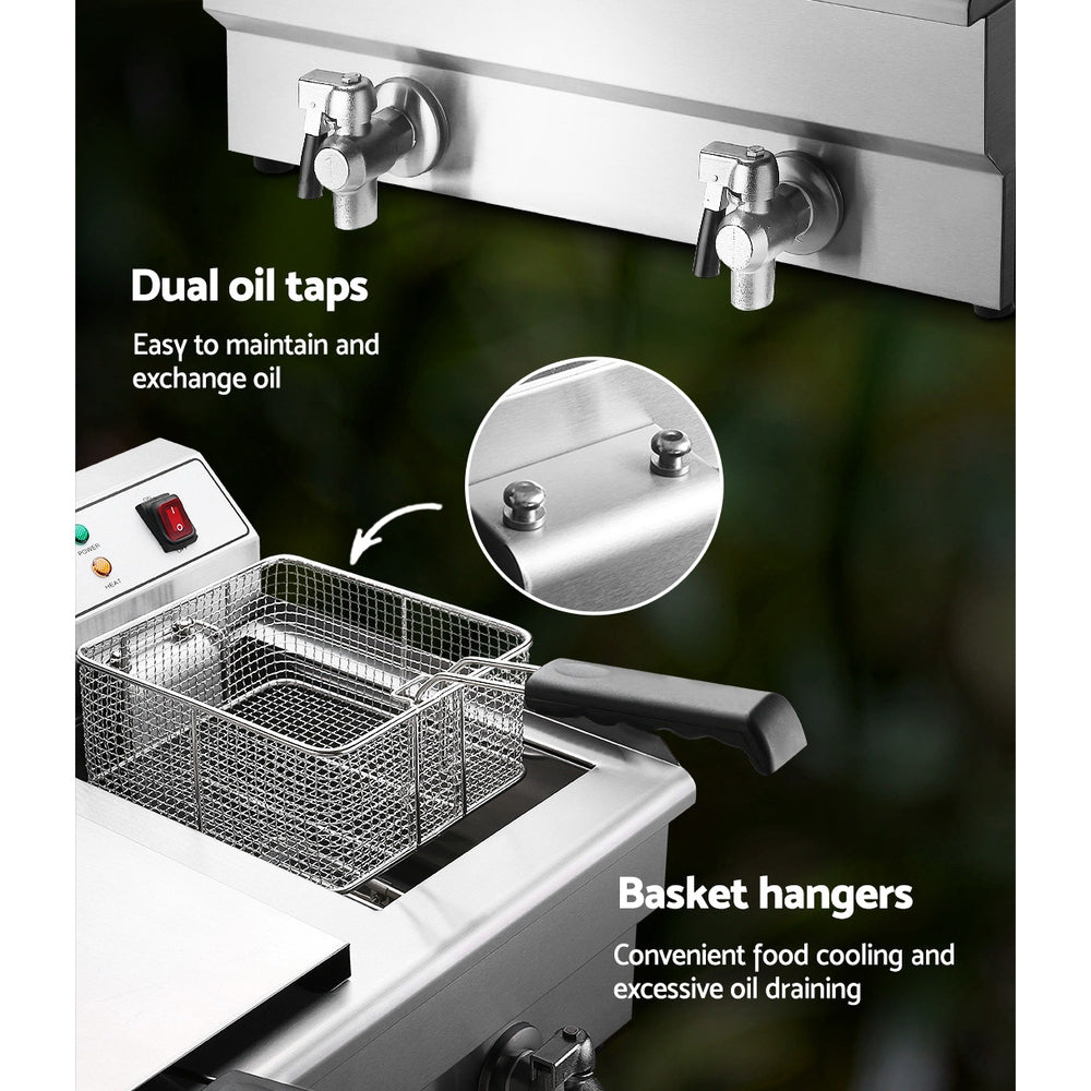 Devanti 20L Electric Commercial Deep Fryer Double Baskets Oil Taps 6000W CDF-DR20-DOUBLE-SI