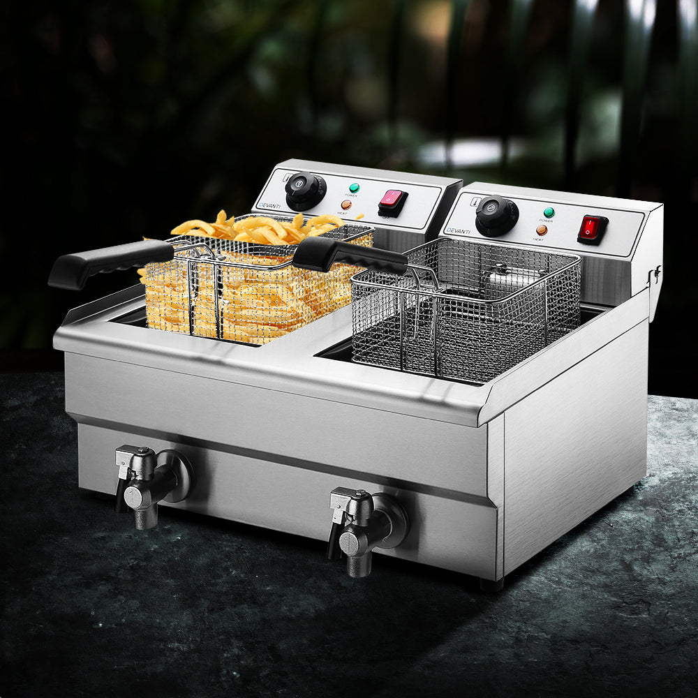 Devanti 20L Electric Commercial Deep Fryer Double Baskets Oil Taps 6000W CDF-DR20-DOUBLE-SI