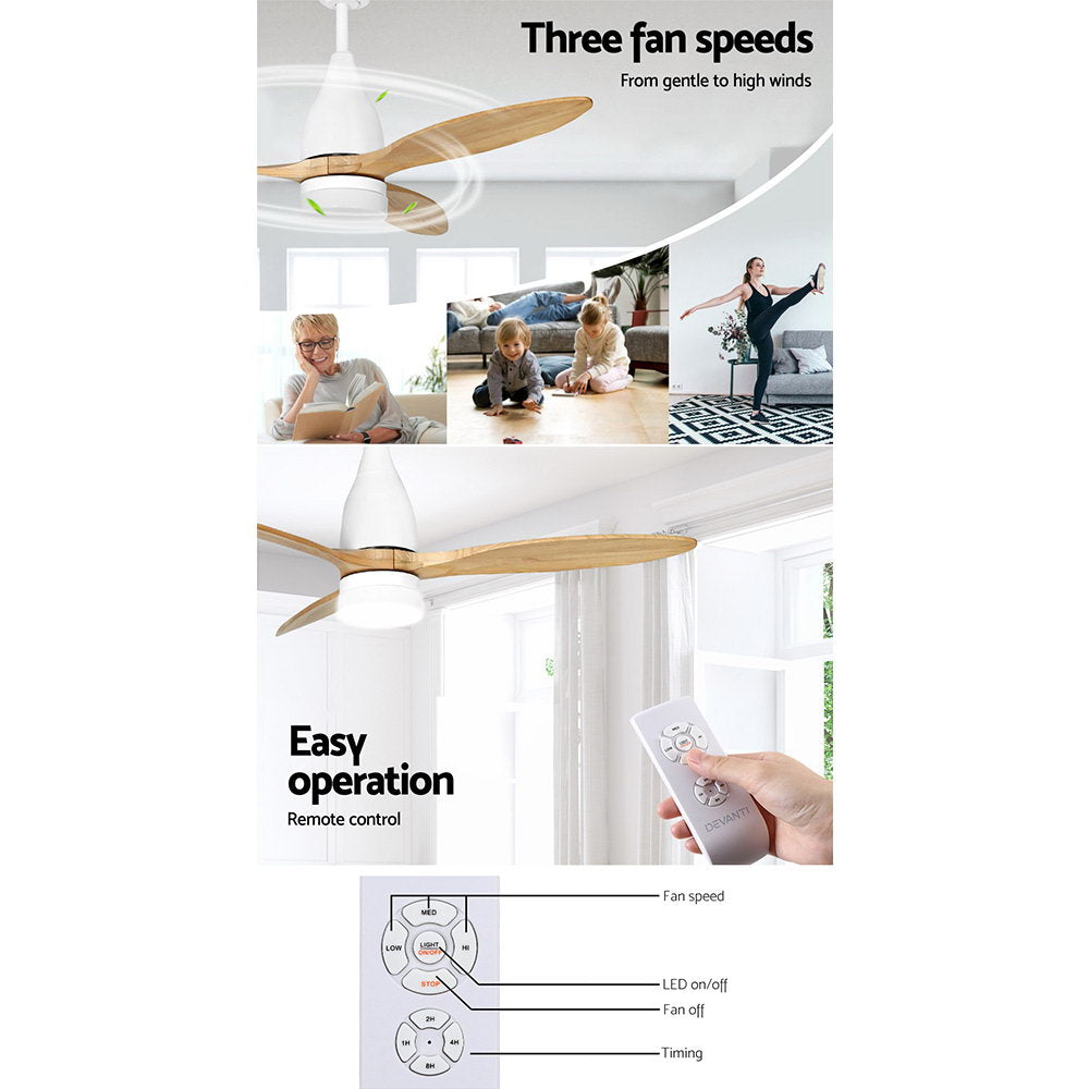 Devanti 52'' Ceiling Fan AC Motor w/Light w/Remote - Light Wood CF-B-52-312-WH