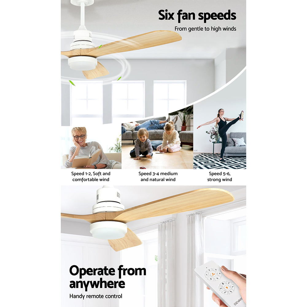 Devanti 52'' Ceiling Fan DC Motor LED Light Remote - Light Wood CF-B-52-331C-DW