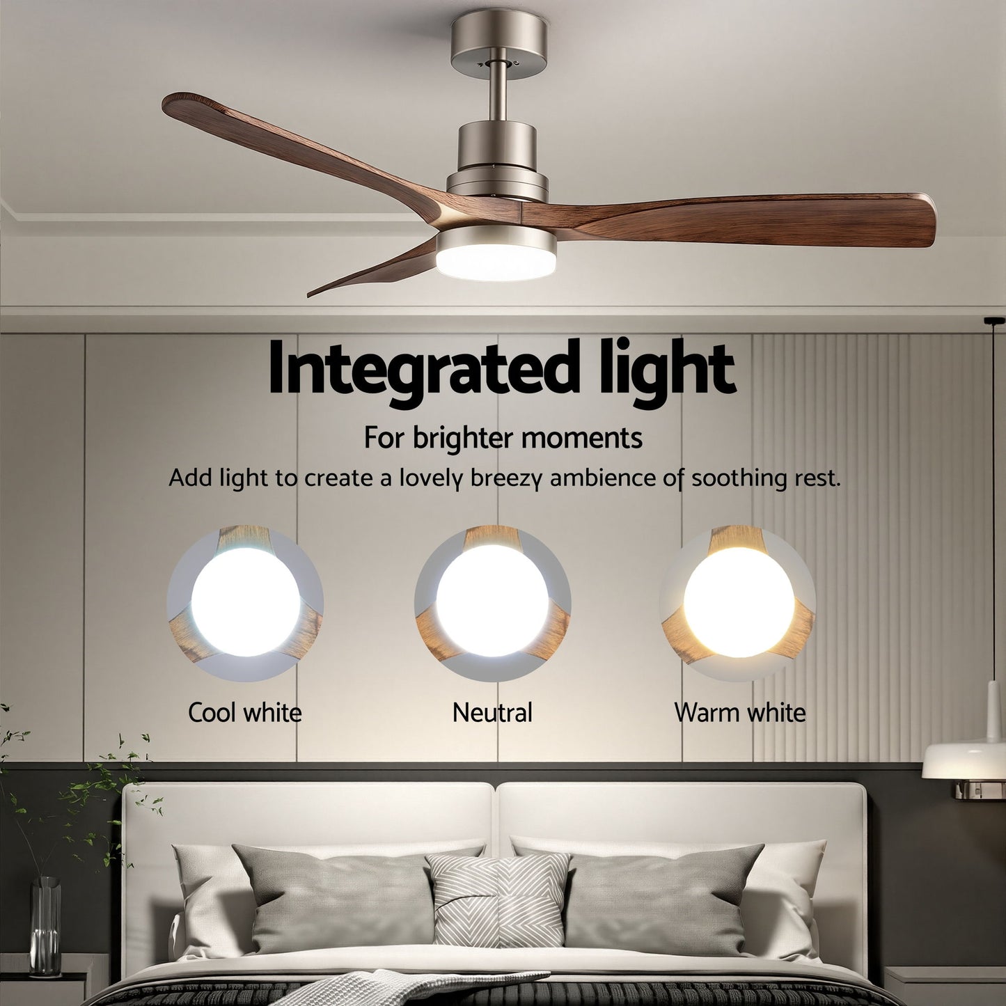 Devanti 52" Ceiling Fan with Light Remote Control DC Motor Smart App Timber Blades Brown CF-C-52-07L-APP-BRW
