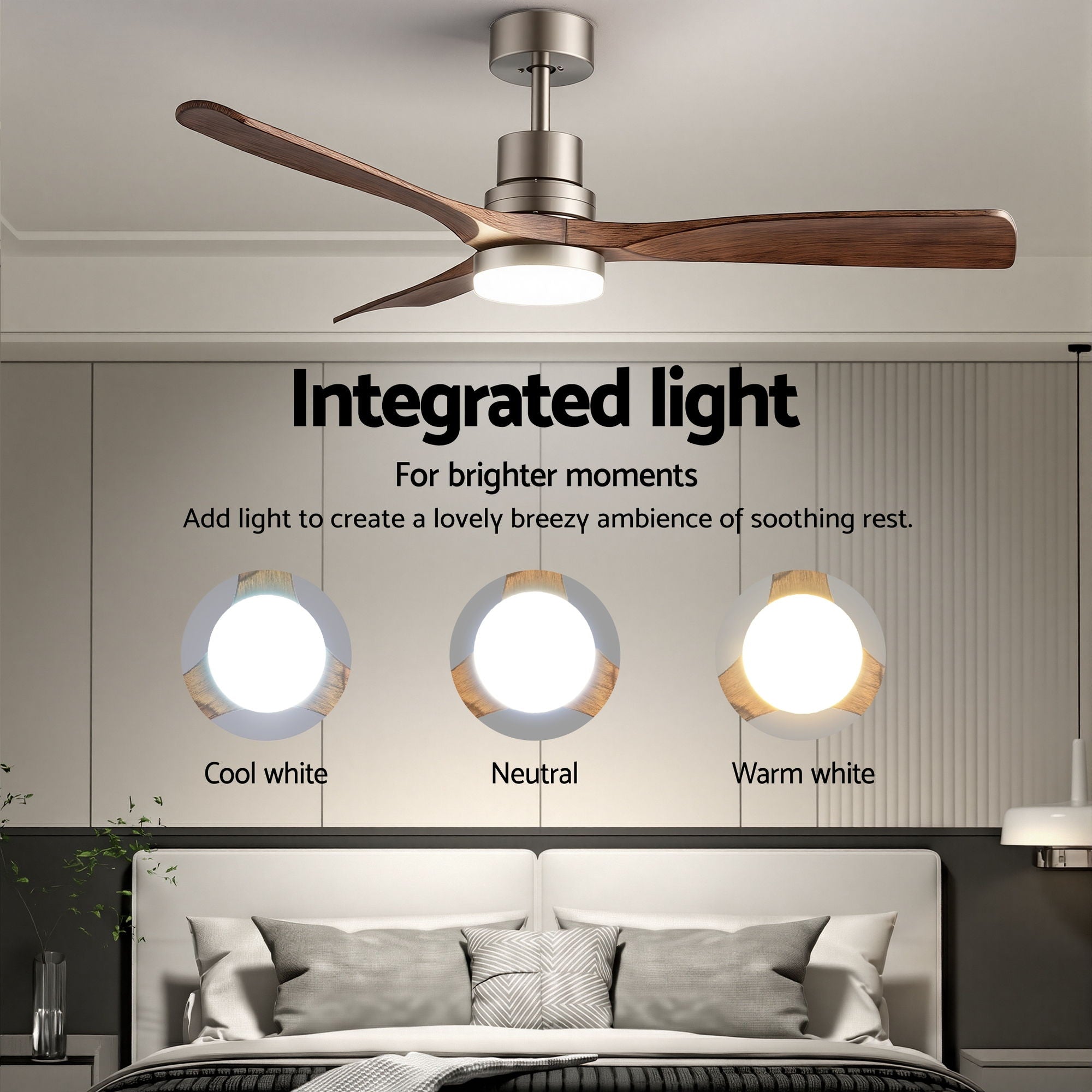 Devanti 52" Ceiling Fan with Light Remote Control DC Motor Smart App Timber Blades Brown CF-C-52-07L-APP-BRW