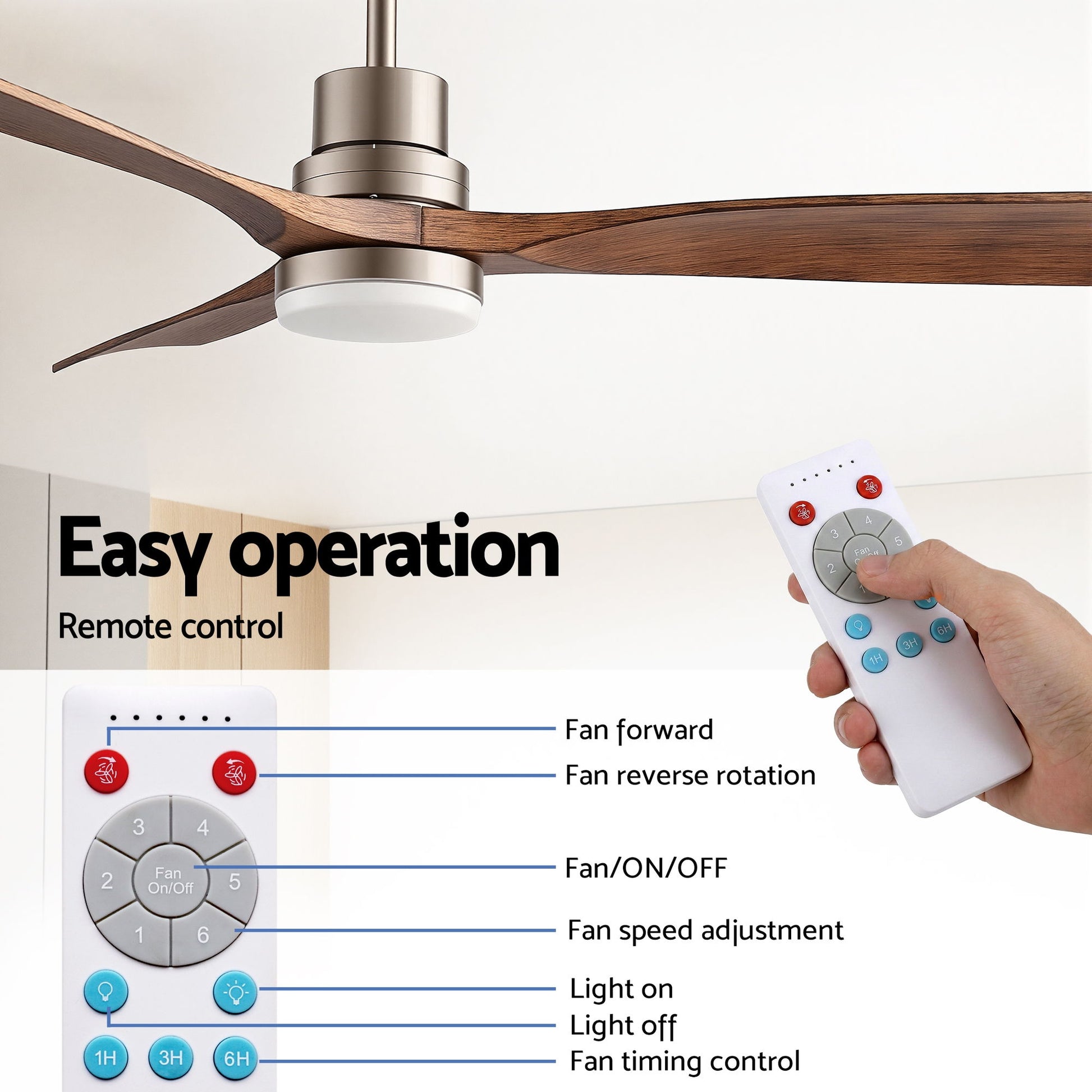 Devanti 52" Ceiling Fan with Light Remote Control DC Motor Smart App Timber Blades Brown CF-C-52-07L-APP-BRW